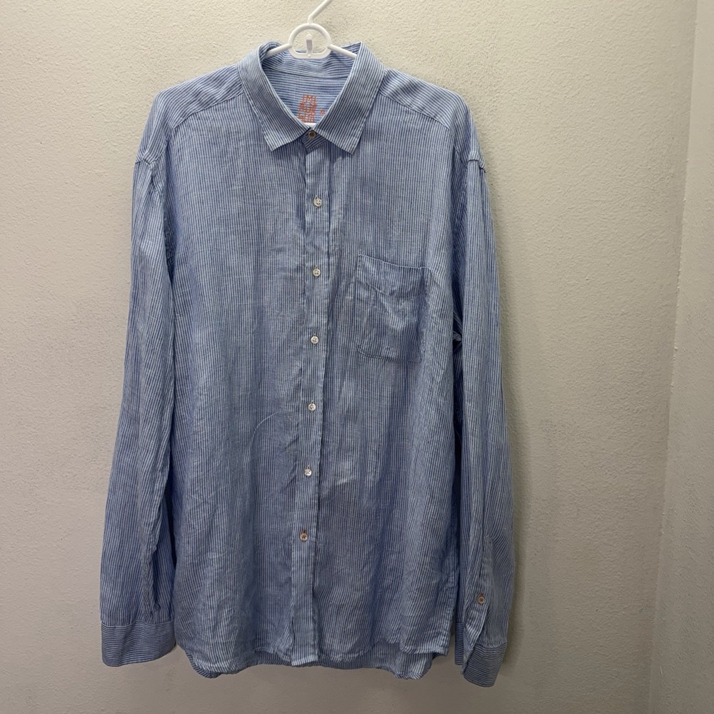 J. McLaughlin Gramercy Shirt Mens XL Blue 100% Linen Button Front Long Sleeve